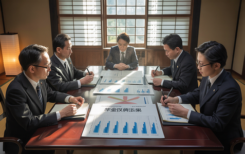 政府関係者が年金改革法案について会議で議論している様子、書類とグラフが机に散らばっている (16:9)